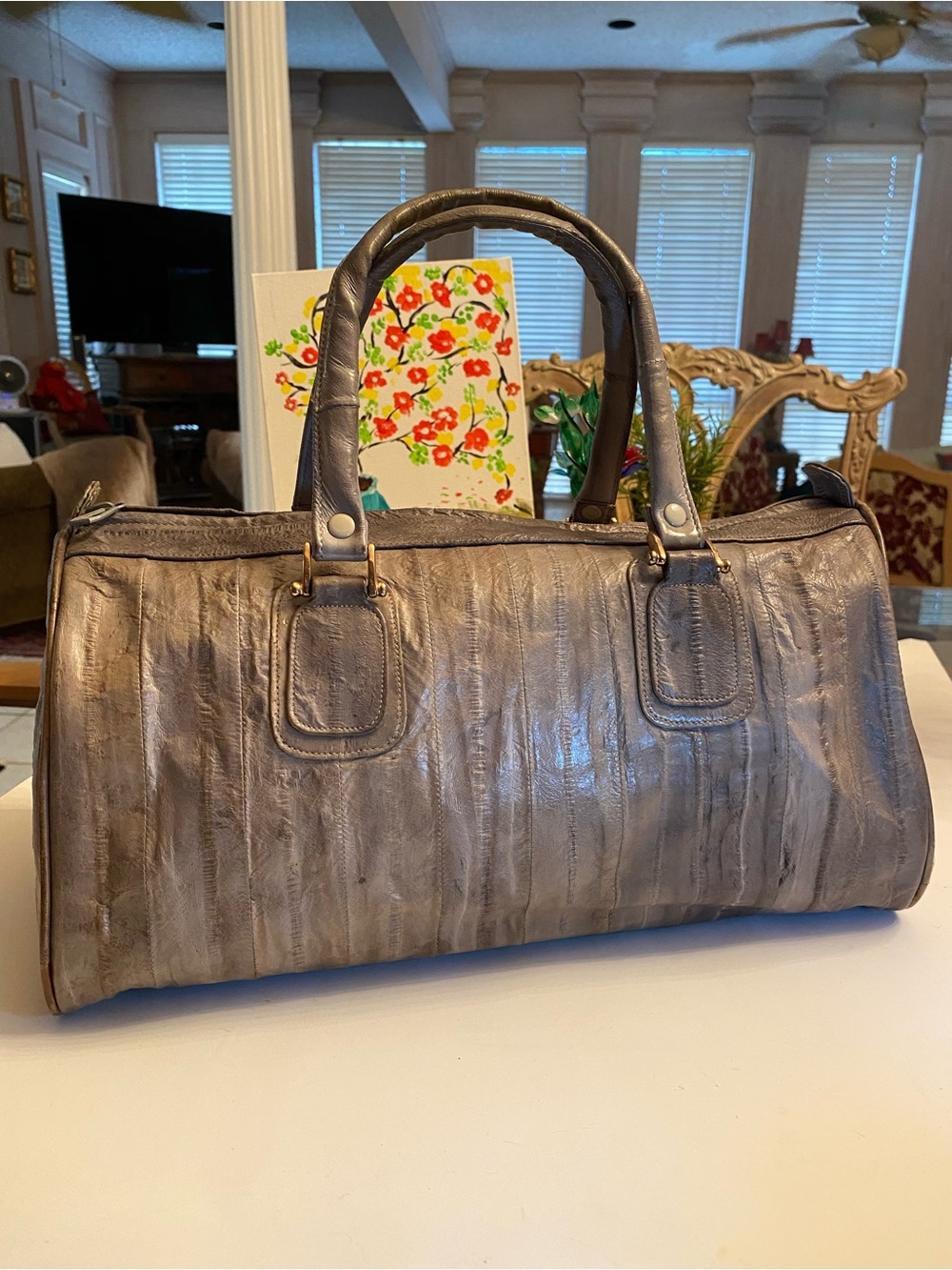 Vintage Genuine Gray Leather Eel Skin Doctor Handbag